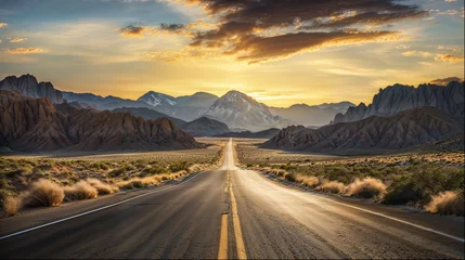 Foto op Canvas Golden Hour Journey, Majestic Mountains and Endless Road © Pedro Llinas