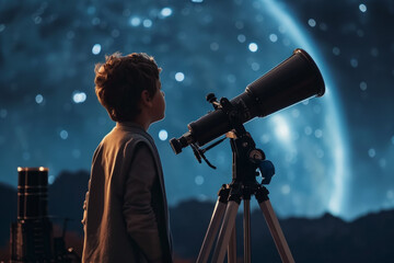Boy in the dark of the night with a telescope. Noise as an artistic technique. Background with...