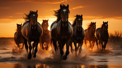 Herd of wild horses galloping across the water on the desert prairie. Herd of mustangs in the rays of the setting sun. Generative AI - obrazy, fototapety, plakaty