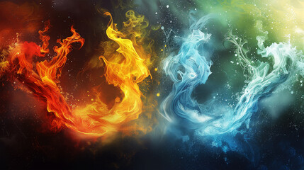 Abstract background of fire and water element intertwining in a dynamic dance wallpaper