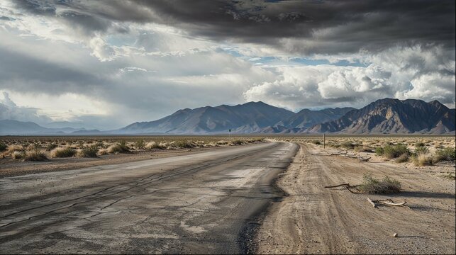 Desert Road Journey, Majestic Mountains and Dramatic Cloudy Sky