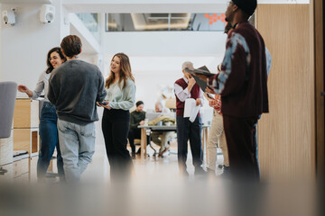 A group of casually dressed business colleagues engaging in a friendly conversation in a bright, contemporary office space. - obrazy, fototapety, plakaty