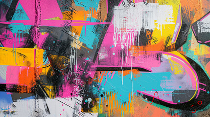 Colorful abstract graffiti art with a mix of spray paint drips, stencils, and bold lettering on a textured wall