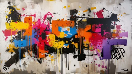 Poster Colorful abstract graffiti art with a mix of spray paint drips, stencils, and bold lettering on a textured wall © Misutra