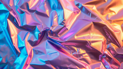 Holographic foil texture with a crumpled effect, creating a vibrant, futuristic abstract background