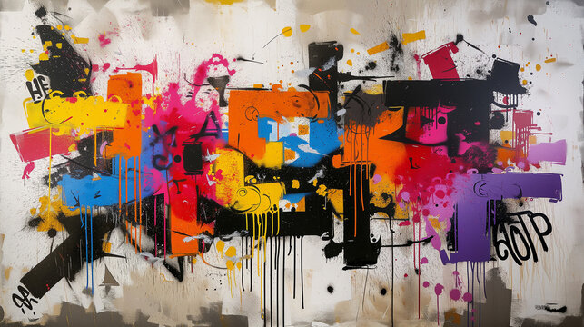 Colorful abstract graffiti art with a mix of spray paint drips, stencils, and bold lettering on a textured wall