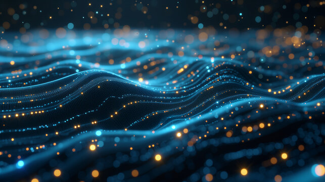 Luminous fiber optics network with glowing nodes and connections in an abstract digital landscape