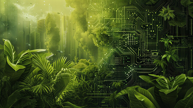 Vision of a parallel universe where nature and technology are seamlessly integrated, with digital plants and circuit board forests