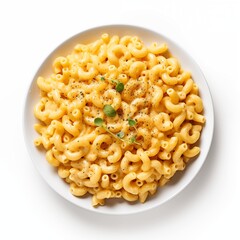 Top View of a Delicious Plate of Macaroni and Cheese on a White Background