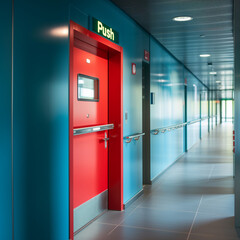 Secure and Prominent Emergency Exit: Vibrant Red Door with Push Sign in a Modern Hospital Corridor with Reflective Flooring and Directional Lighting