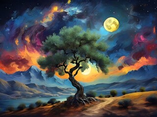 a tree Van Gogh art style, nightly sky