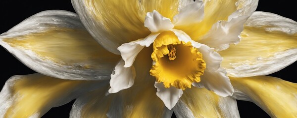 a close up of a yellow and white flower with a black background