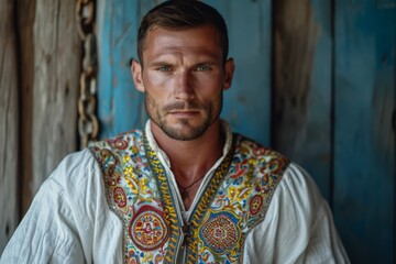 Ukrainian man in national clothes of Ukraine detailed photography texture. Ukraine man portrait. Horizontal format