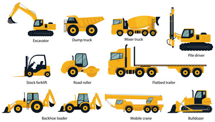 Set of Construction machines. Heavy machinery for Excavator, Dump, truck, Mixer, truck, Pile, driver, Stock, forklift, Road, roller, Flatbed, trailer, Backhoe, loader, Mobile, crane, Bulldozer. Vector © brovkoserhii