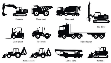 Set of Construction machines. Heavy machinery for Excavator, Dump, truck, Mixer, truck, Pile, driver, Stock, forklift, Road, roller, Flatbed, trailer, Backhoe, loader, Mobile, crane, Bulldozer. Vector © brovkoserhii