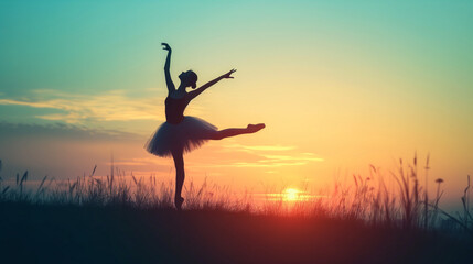 Ballet Dancer Silhouette Against Soft Gradient Sunset, Graceful Pose in Nature, Artistic Dance Concept