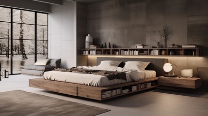 Incorporate a platform bed with storage drawers for a practical and space-saving solution in the industrial bedroomar