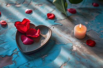 Red rose petals on a heart shaped trinket dish, and a burning candle next to these objects on a cracked painted table. Concept of Valentine's Day, love and romance.