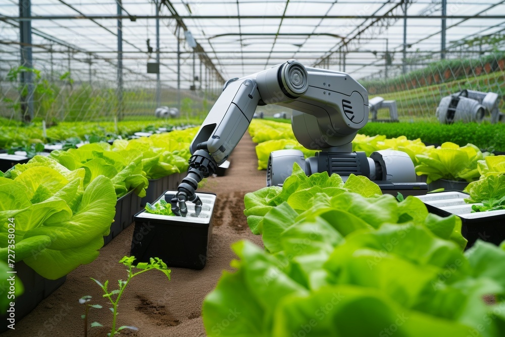 Poster modern greenhouse with robots. backdrop with selective focus and copy space