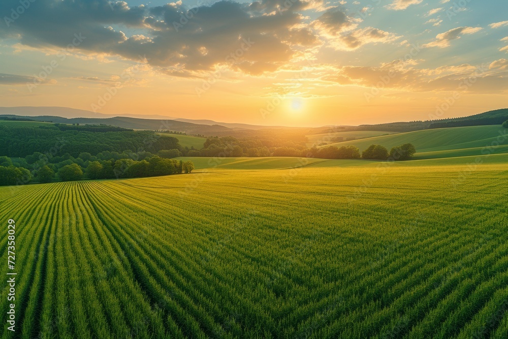 Poster drone view of a farmer's field. backdrop with selective focus and copy space