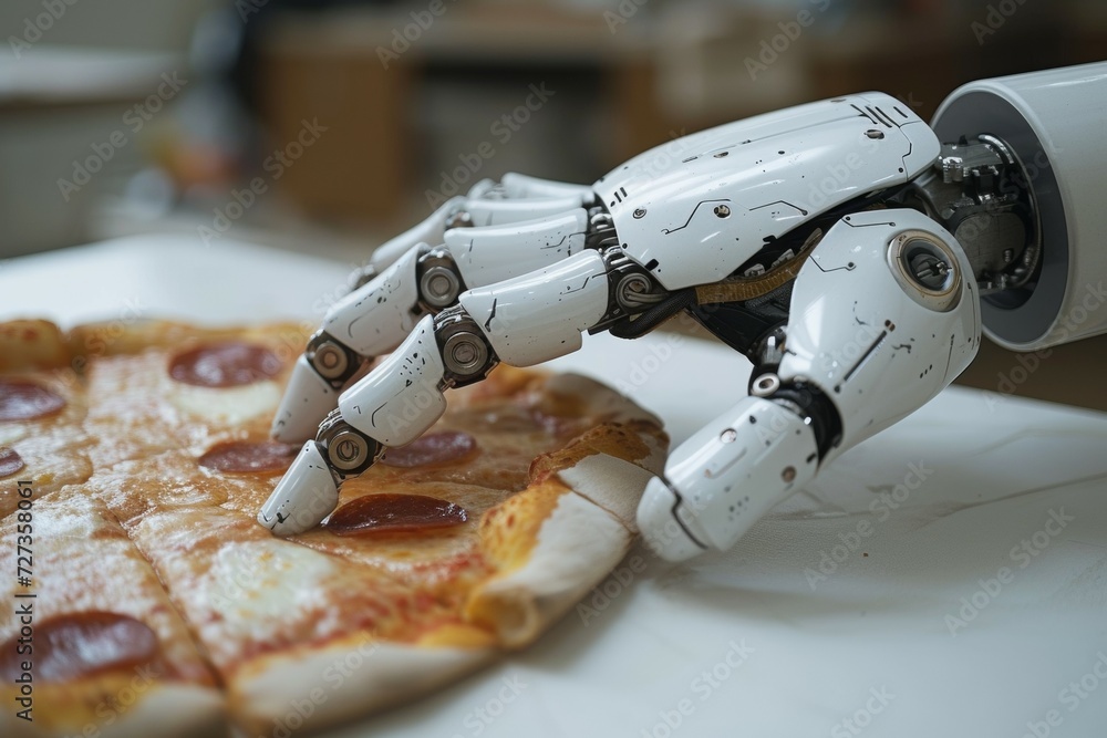Poster robot hand with pizza. backdrop with selective focus and copy space