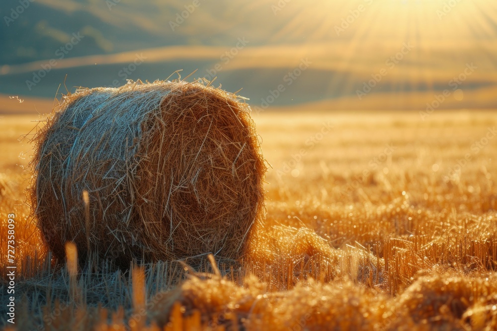 Poster hay is rolled into a cylindrical sheaf. backdrop with selective focus and copy space