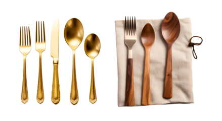 Golden and Wooden Cutlery Mockup: Set of Fork, Knife, Spoon, Isolated on Transparent Background, PNG