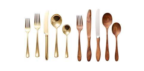 Mockup Set of Golden and Wooden Cutlery: Fork, Knife, Spoon, Isolated on Transparent Background, PNG - obrazy, fototapety, plakaty