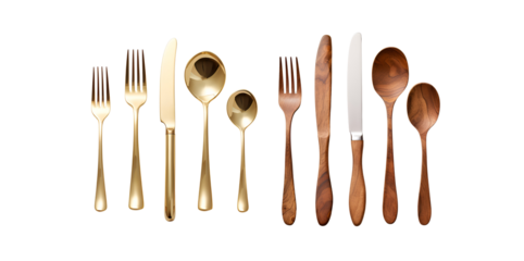 Mockup Set of Golden and Wooden Cutlery: Fork, Knife, Spoon, Isolated on Transparent Background, PNG