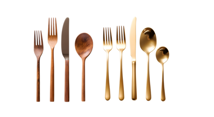Mockup of Wooden and Golden Cutlery: Set of Fork, Knife, Spoon, Isolated on Transparent Background, PNG