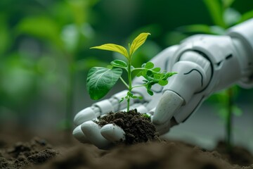 A robot hand works on a modern farm. Backdrop with selective focus and copy space