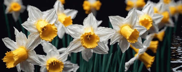 Obraz premium yellow and white flowers with a black background