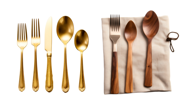 Golden and Wooden Cutlery Mockup: Set of Fork, Knife, Spoon, Isolated on Transparent Background, PNG
