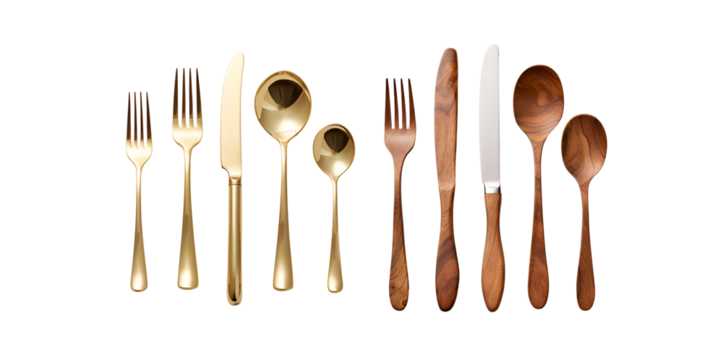 Mockup Set of Golden and Wooden Cutlery: Fork, Knife, Spoon, Isolated on Transparent Background, PNG