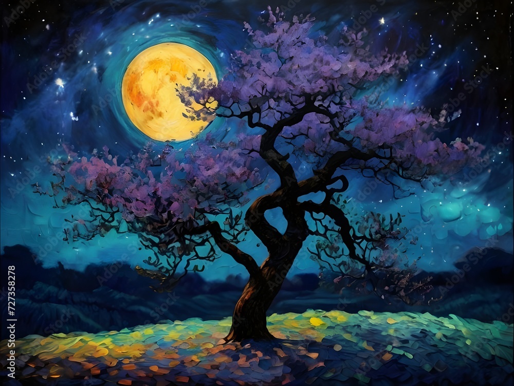 Wall mural a tree van gogh art style, nightly sky