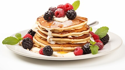 Side View of a Delicious Plate of Pancakes with Berries on a White Background