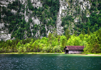 Boathouse at Lake Königssee, Berchtesgardener Land, Bavaria, Germany, Europe.