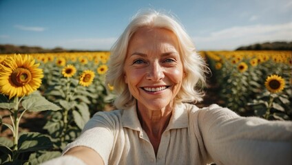 Fototapeta na wymiar Happy senior woman with white hair taking a selfie in a sunflower field, exuding joy and vitality.