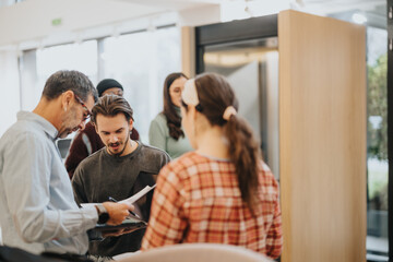 A focused group of professionals discussing a document in a well-lit office environment, indicative of teamwork and cooperation.