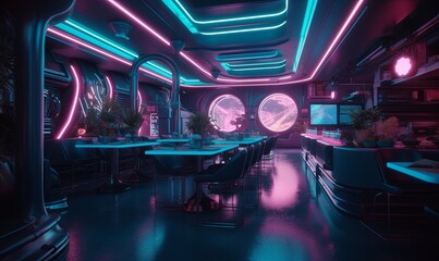 Neon cyber snack bar background. Empty 3d purple cafe eatery room with served tables and chairs with glowing windows