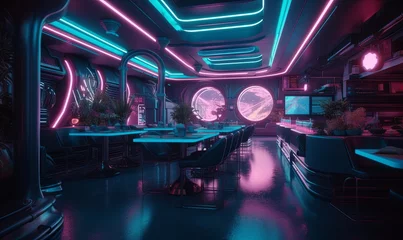 Foto op Aluminium Neon cyber snack bar background. Empty 3d purple cafe eatery room with served tables and chairs with glowing windows © Kyryl