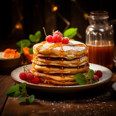 Delicious Plate of Pancakes on a Wooden Table