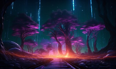 Railroad with neon futuristic forest background. Purple 3d trees in dark with glowing roots and digital cyber rain lines with curving road