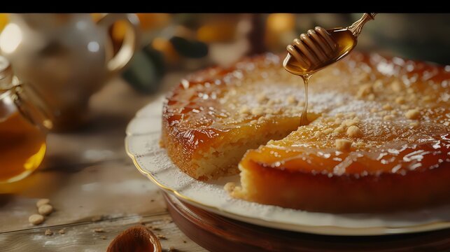Tasty homemade cake with honey on wooden table, close-up