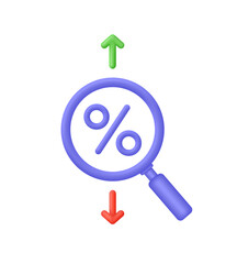 3D Magnifying glass with percentage and arrows down and up. Increasing and decreasing. Interest rate, finance, banking