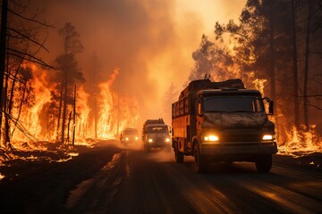 Big trucks are coming with help to extinguish the forest fire.