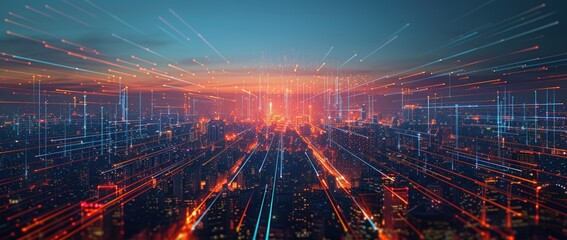 Fototapeta premium A city with lights and fiber optic highways concept. Generate AI image