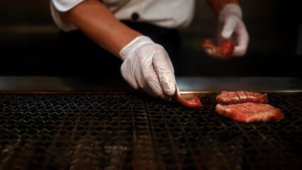 A professional chef cooks premium and fresh Wagyu beef, Japanese BBQ