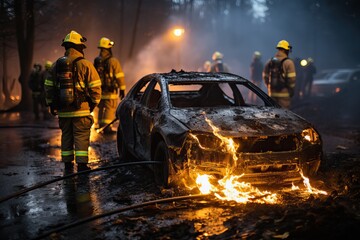 Firefighters put out a burning car on the street. A rocket attack on the civilian population during the war.