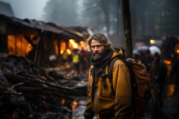 Obraz premium Portrait of a firefighter on the background of a fire. A rocket attack on the civilian population during the war.